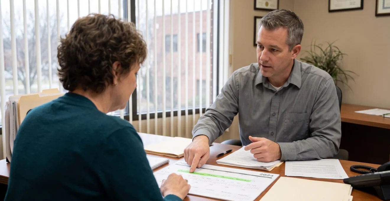 Un client et un conseiller examinent un calendrier de placements dans un bureau.
