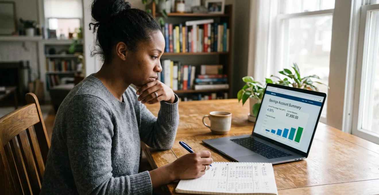 Une personne compare ses notes écrites avec un relevé de compte à terme sur un ordinateur.